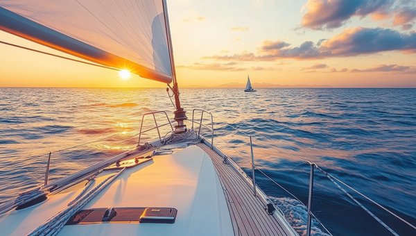 Blick vom Segelschiff auf den Horizon mit der untergehenden Sonne